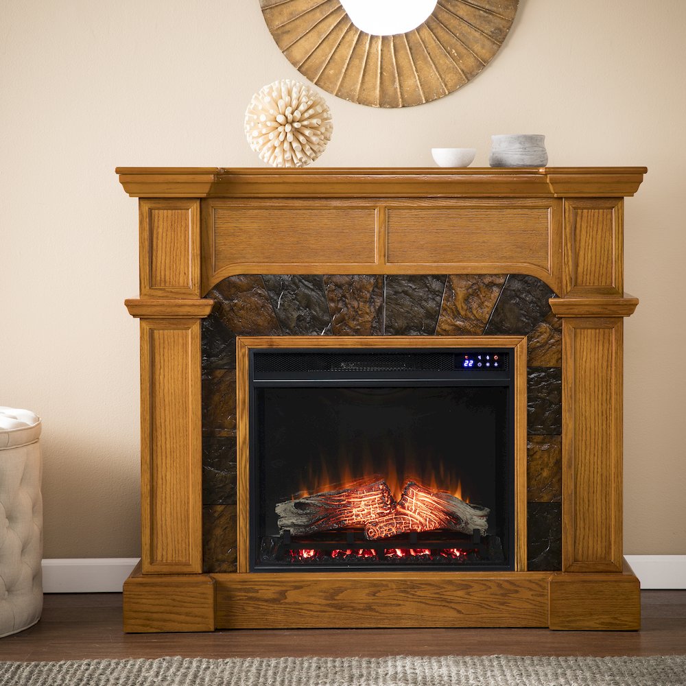 Corner Convertible Electric Fireplace with Touch Screen in Brown Color