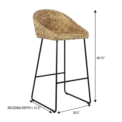 Water Hyacinth Counter Stools Set of 2 with Iron Footrest and Sled Base, Coastal