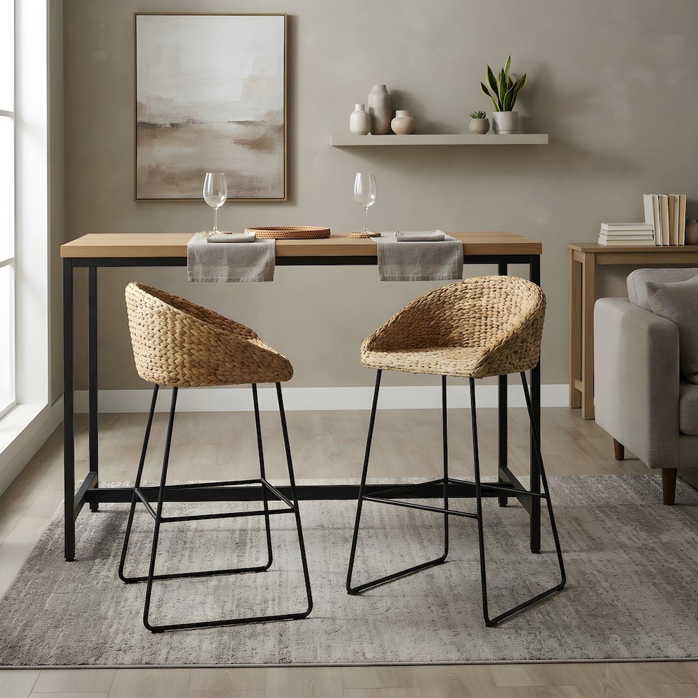 Water Hyacinth Counter Stools Set of 2 with Iron Footrest and Sled Base, Coastal
