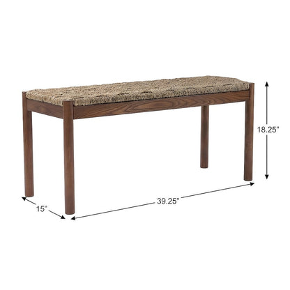 Seagrass-Woven Acacia Bench with Stained Wood Legs for Entryway or Dining