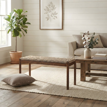 Seagrass-Woven Acacia Bench with Stained Wood Legs for Entryway or Dining