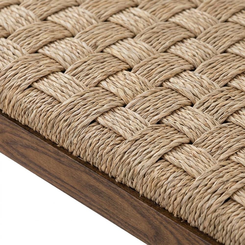 Seagrass-Woven Acacia Bench with Stained Wood Legs for Entryway or Dining