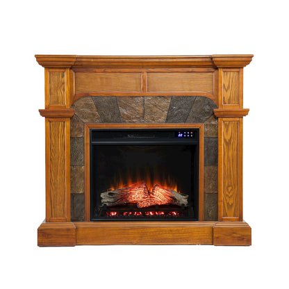 Corner Convertible Electric Fireplace with Touch Screen in Brown Color