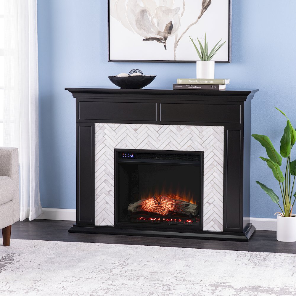 Torlington Marble Tiled Touch Screen Electric Fireplace in Black Color