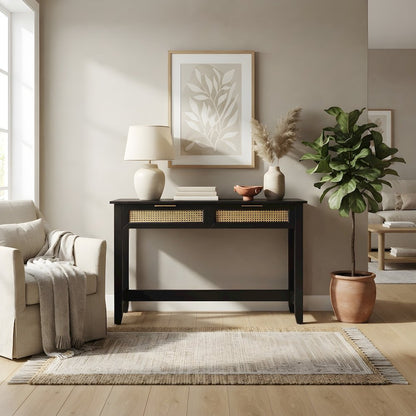 Wooden Console Table with Woven Rattan-Accent Drawers with Storage