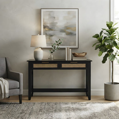 Wooden Console Table with Woven Rattan-Accent Drawers with Storage