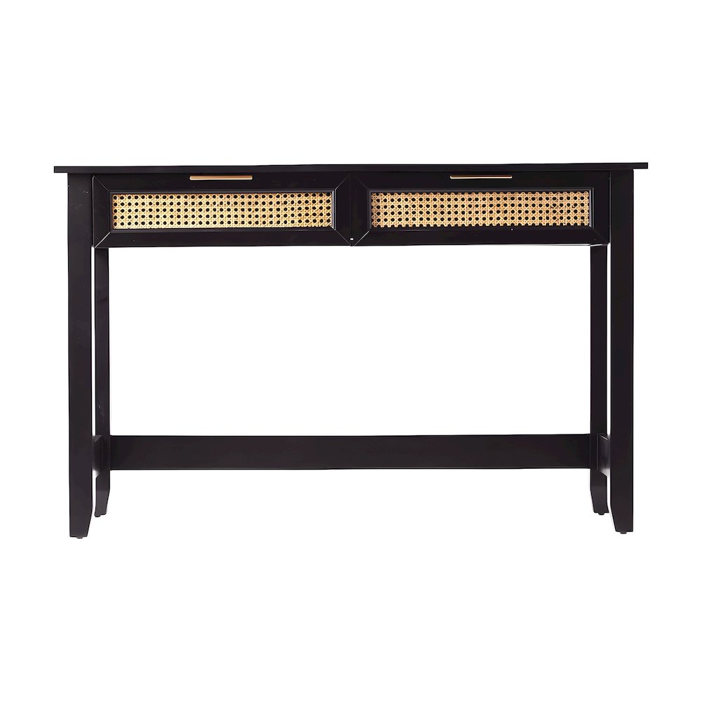 Wooden Console Table with Woven Rattan-Accent Drawers with Storage