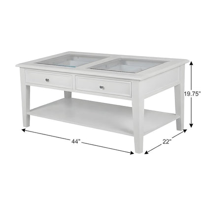 Wood Coffee Table with Tempered Glass Top, Dual Drawers, and Lower Shelf