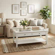 Wood Coffee Table with Tempered Glass Top, Dual Drawers, and Lower Shelf