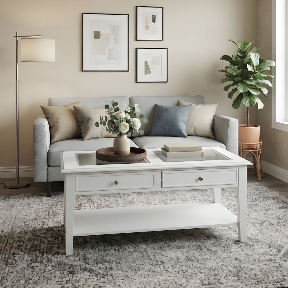 Wood Coffee Table with Tempered Glass Top, Dual Drawers, and Lower Shelf