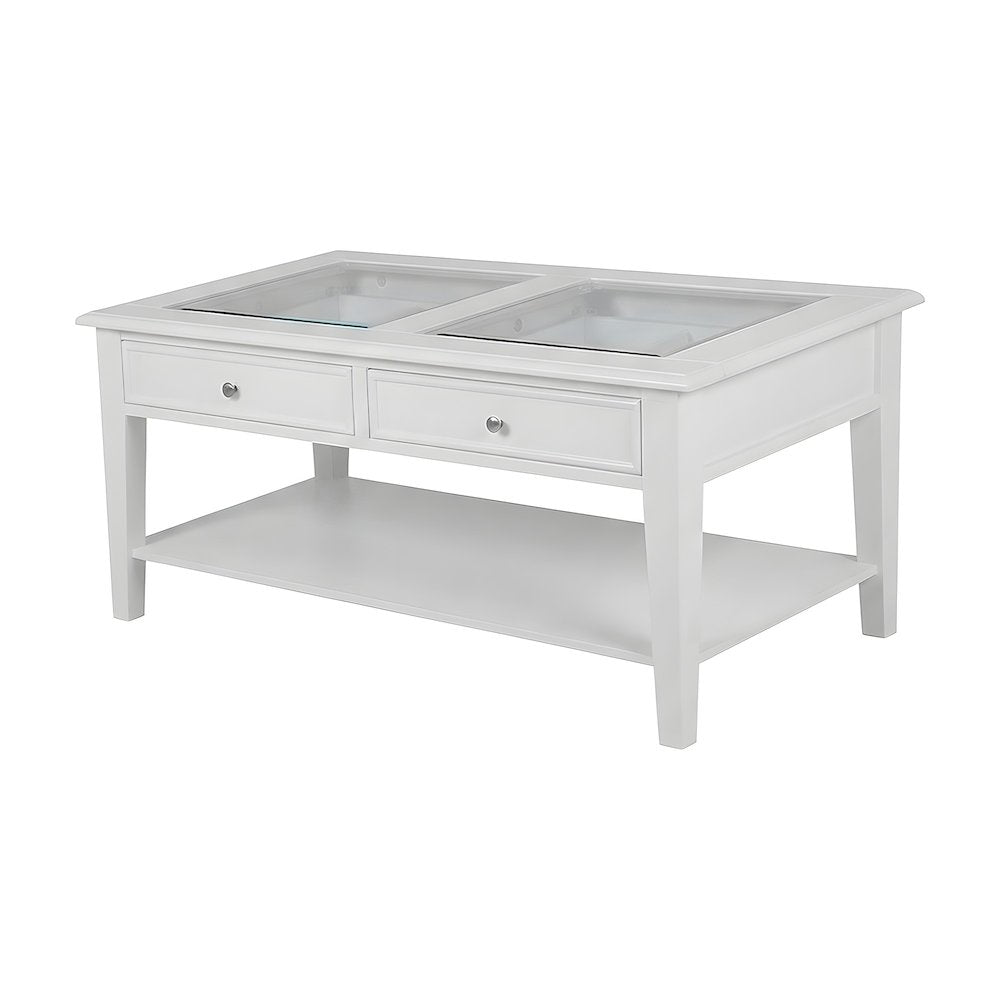 Wood Coffee Table with Tempered Glass Top, Dual Drawers, and Lower Shelf