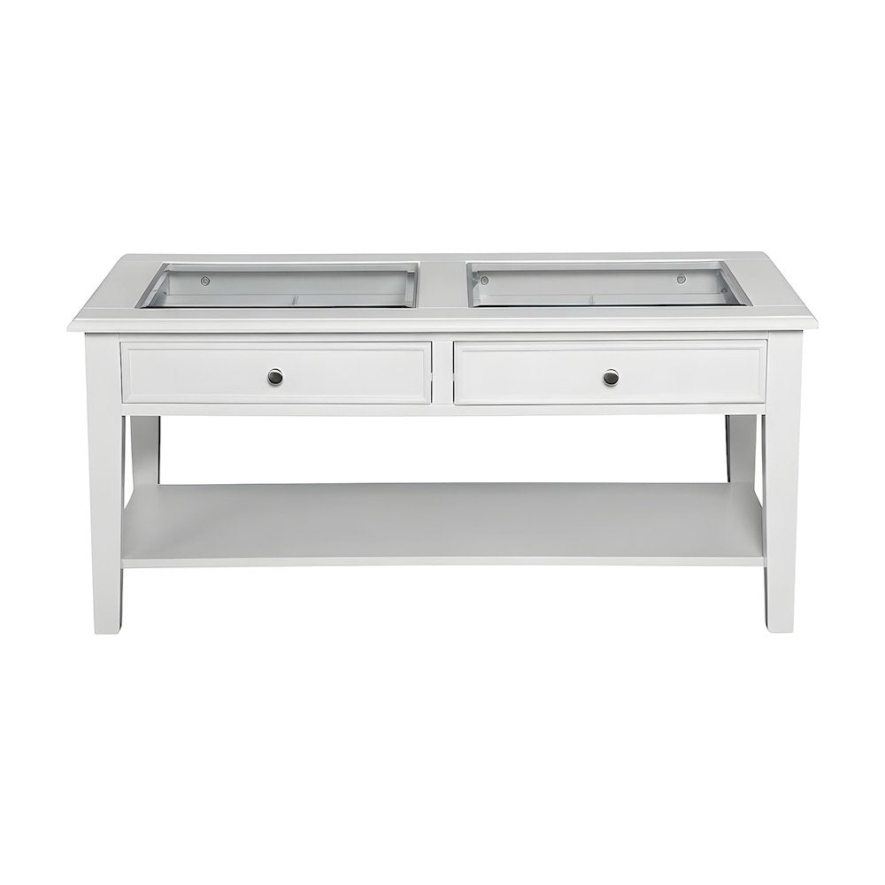 Wood Coffee Table with Tempered Glass Top, Dual Drawers, and Lower Shelf
