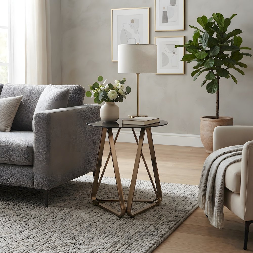 Metal Round Accent Table with Smoked Glass Top and Geometric Sled Base