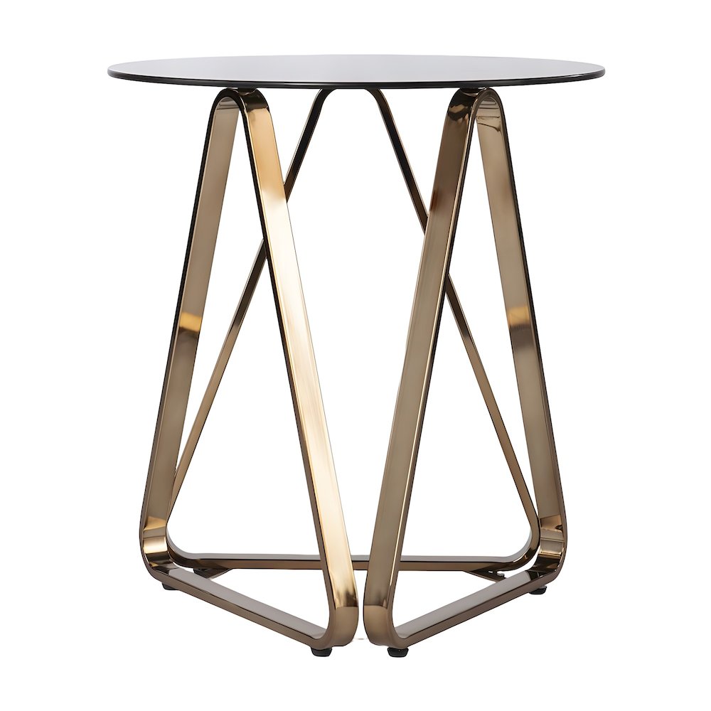 Metal Round Accent Table with Smoked Glass Top and Geometric Sled Base