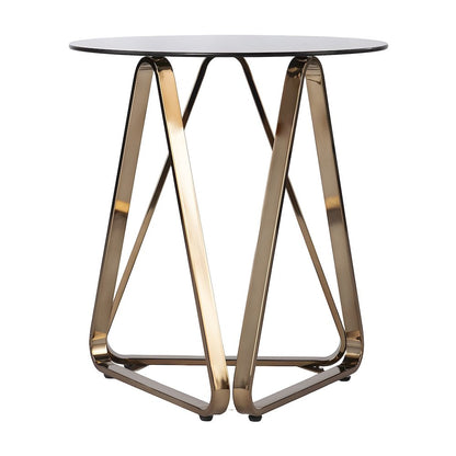 Metal Round Accent Table with Smoked Glass Top and Geometric Sled Base
