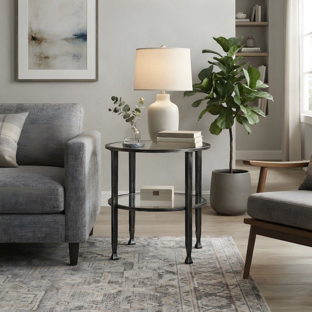Glass and Iron Round Side Table with Lower Shelf, Hand-Painted Metal
