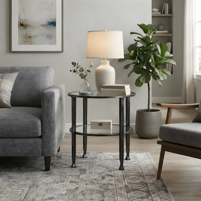 Glass and Iron Round Side Table with Lower Shelf, Hand-Painted Metal
