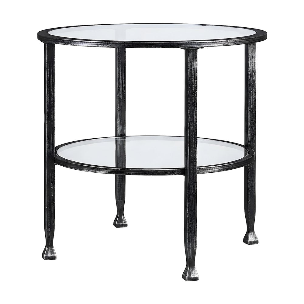 Glass and Iron Round Side Table with Lower Shelf, Hand-Painted Metal