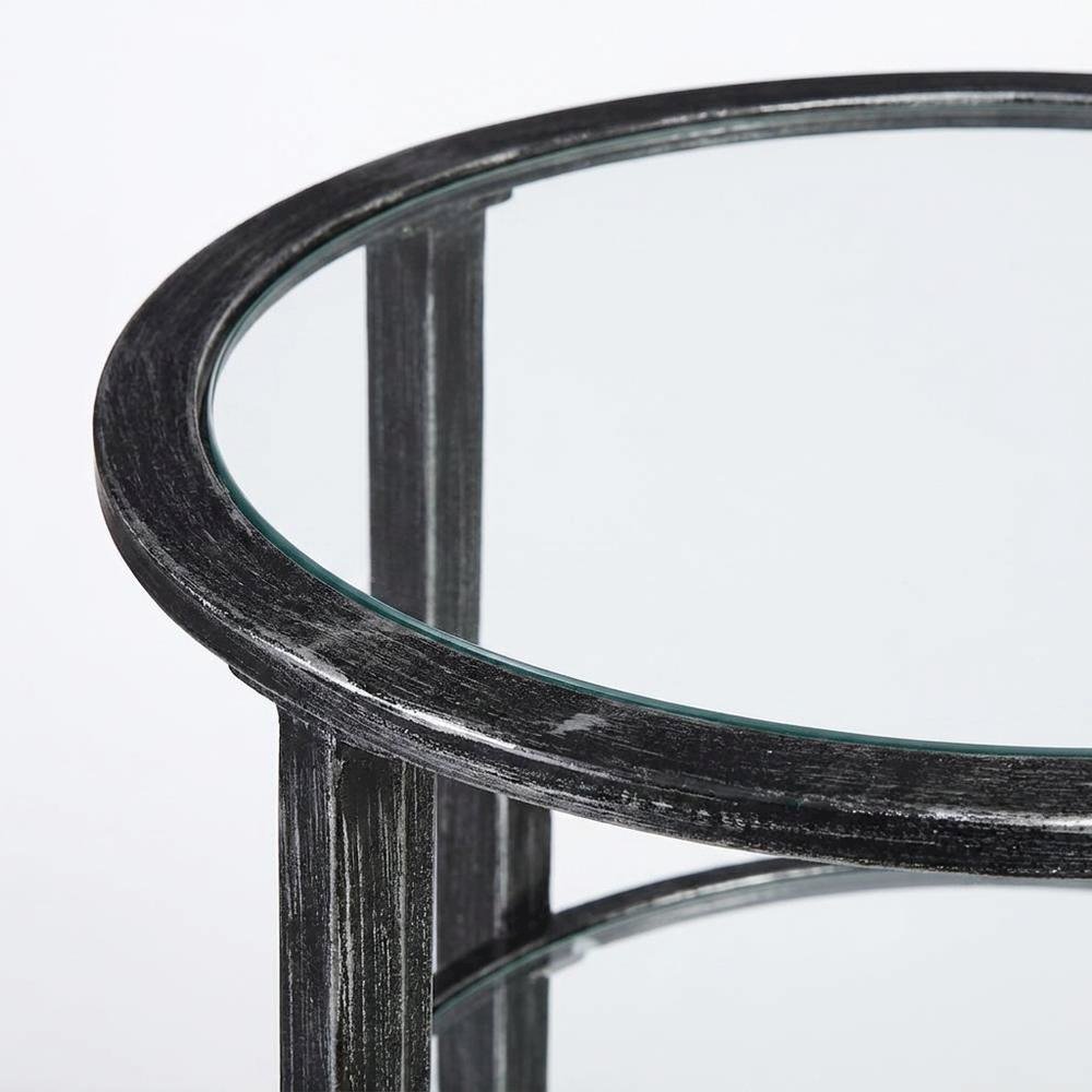 Glass and Iron Round Side Table with Lower Shelf, Hand-Painted Metal