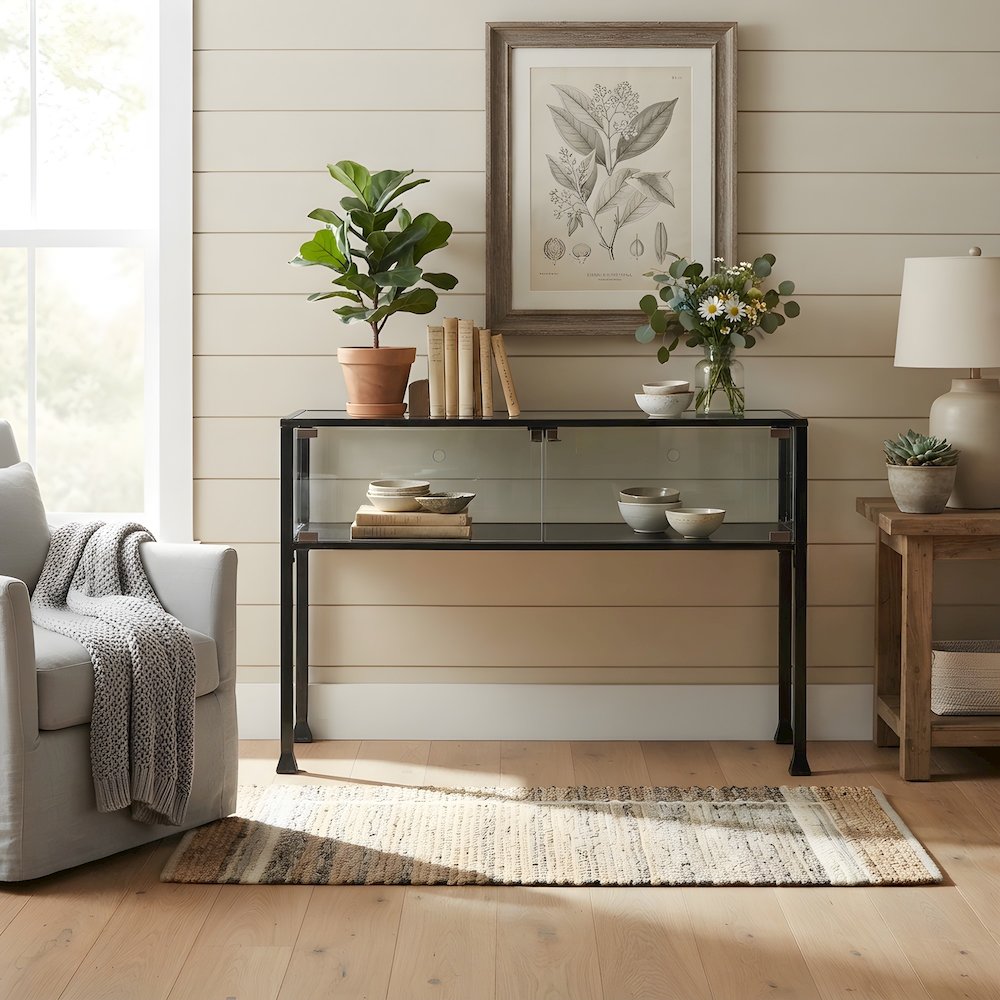 Metal and Glass Console Table with Enclosed Terrarium Display for Entryway