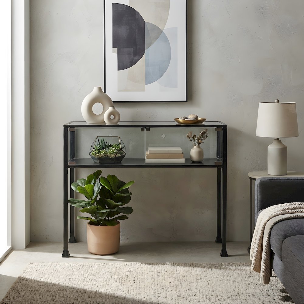 Metal and Glass Console Table with Enclosed Terrarium Display for Entryway