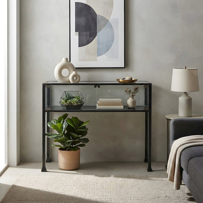 Metal and Glass Console Table with Enclosed Terrarium Display for Entryway