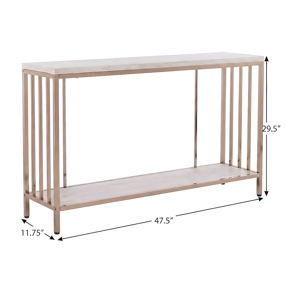 Metal Console Table with Faux Stone Veneer Top and Open Shelf, Art Deco
