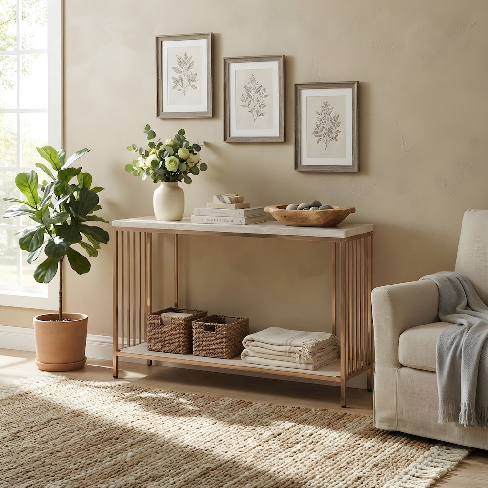 Metal Console Table with Faux Stone Veneer Top and Open Shelf, Art Deco