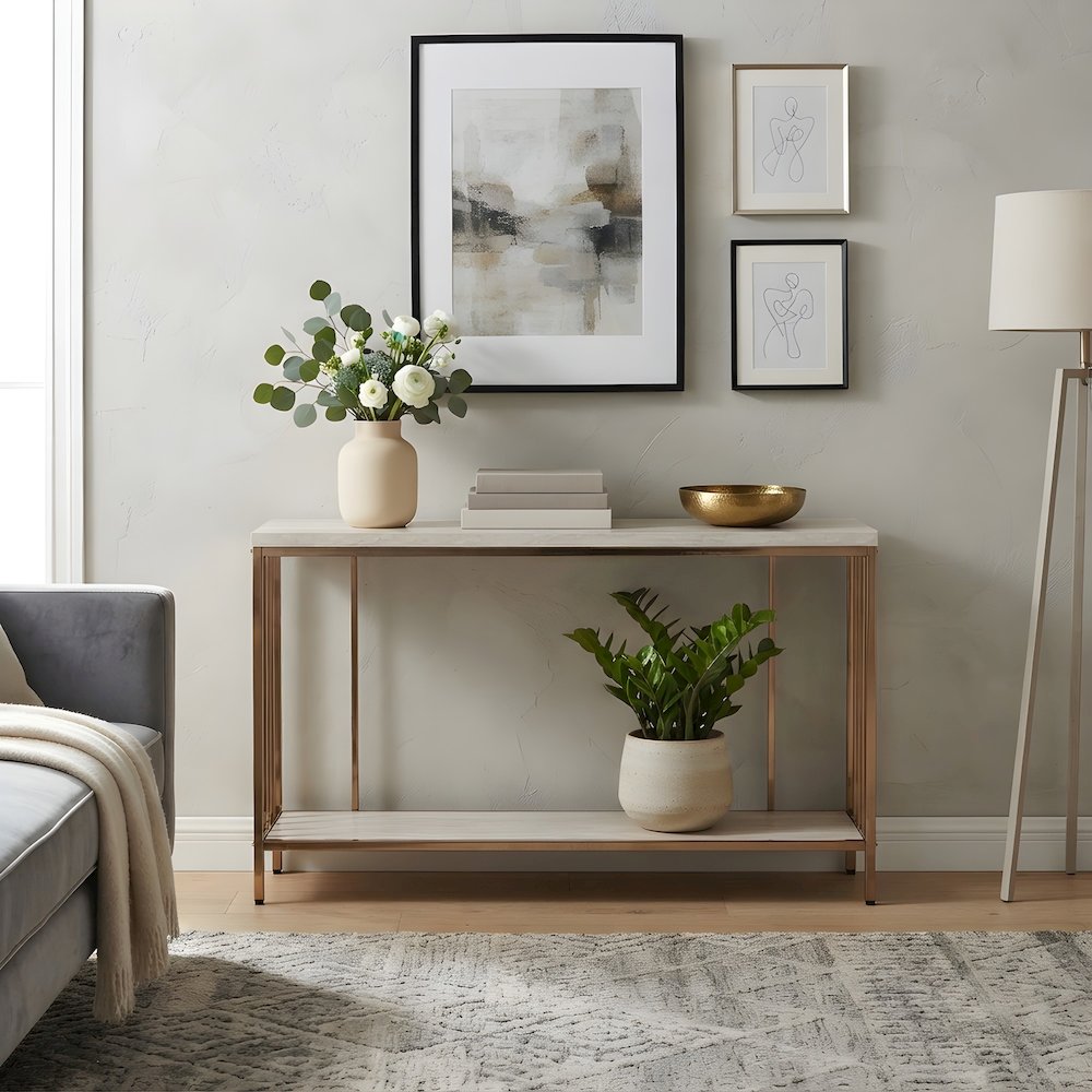Metal Console Table with Faux Stone Veneer Top and Open Shelf, Art Deco