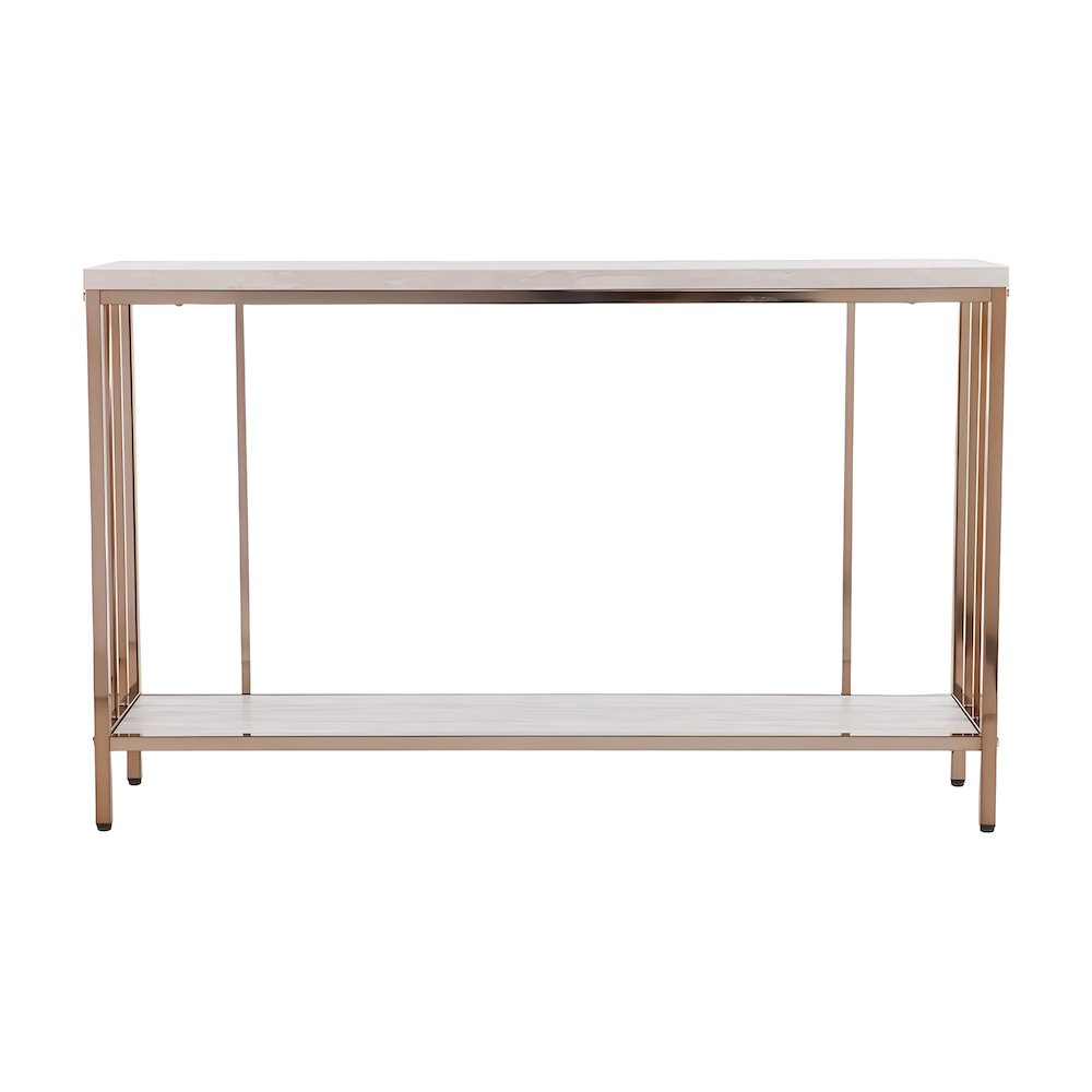 Metal Console Table with Faux Stone Veneer Top and Open Shelf, Art Deco