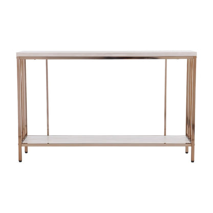 Metal Console Table with Faux Stone Veneer Top and Open Shelf, Art Deco