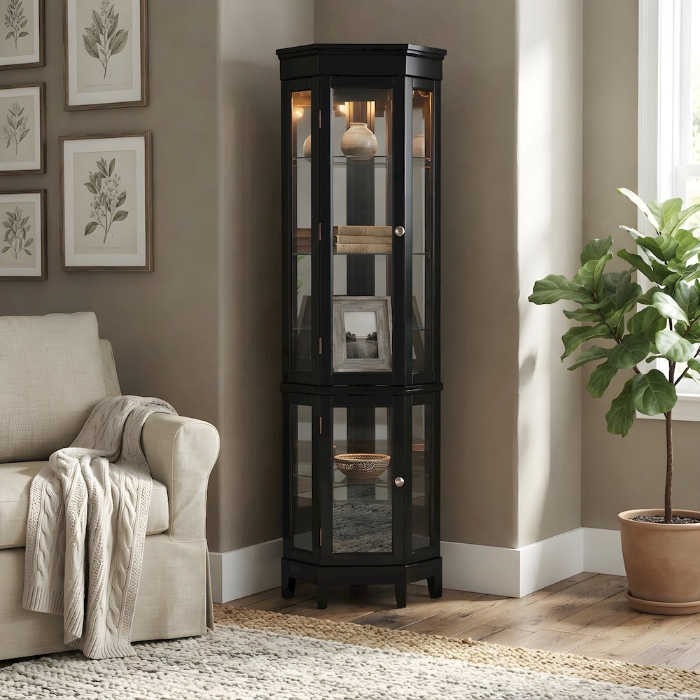 Corner Curio Cabinet with Tempered Glass Doors and LED Lighting, 6 Shelves