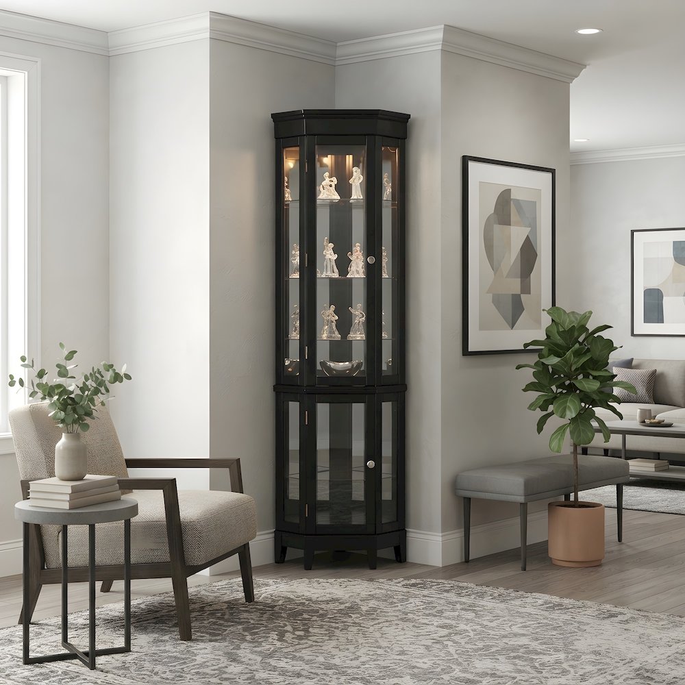 Corner Curio Cabinet with Tempered Glass Doors and LED Lighting, 6 Shelves