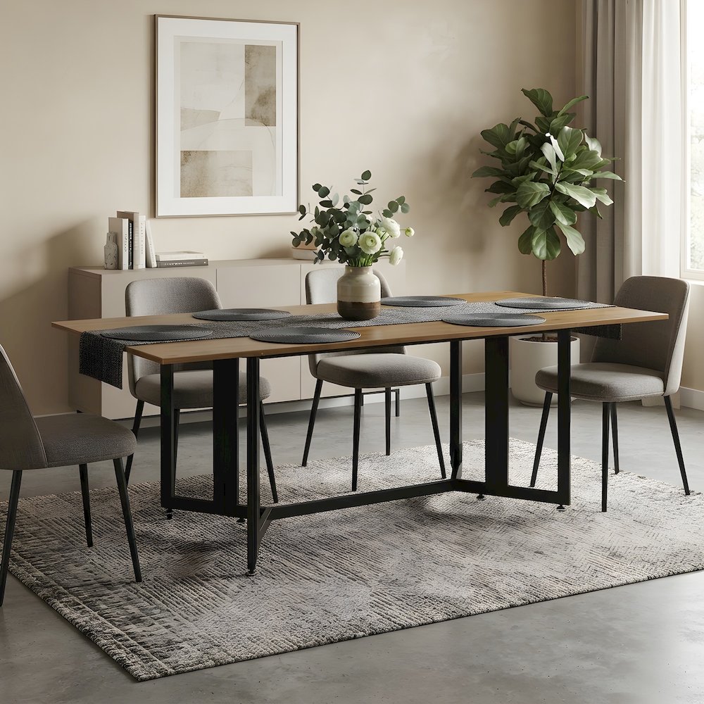 Wood Veneer Drop Leaf Dining Table with Iron Trestle Gate-Leg Base