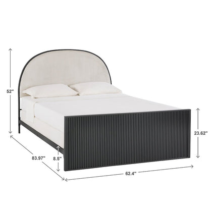 Black Finish Metal Grey Fabric Queen Bed