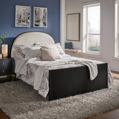 Black Finish Metal Grey Fabric Queen Bed