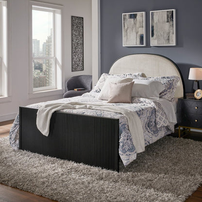 Black Finish Metal Grey Fabric Queen Bed