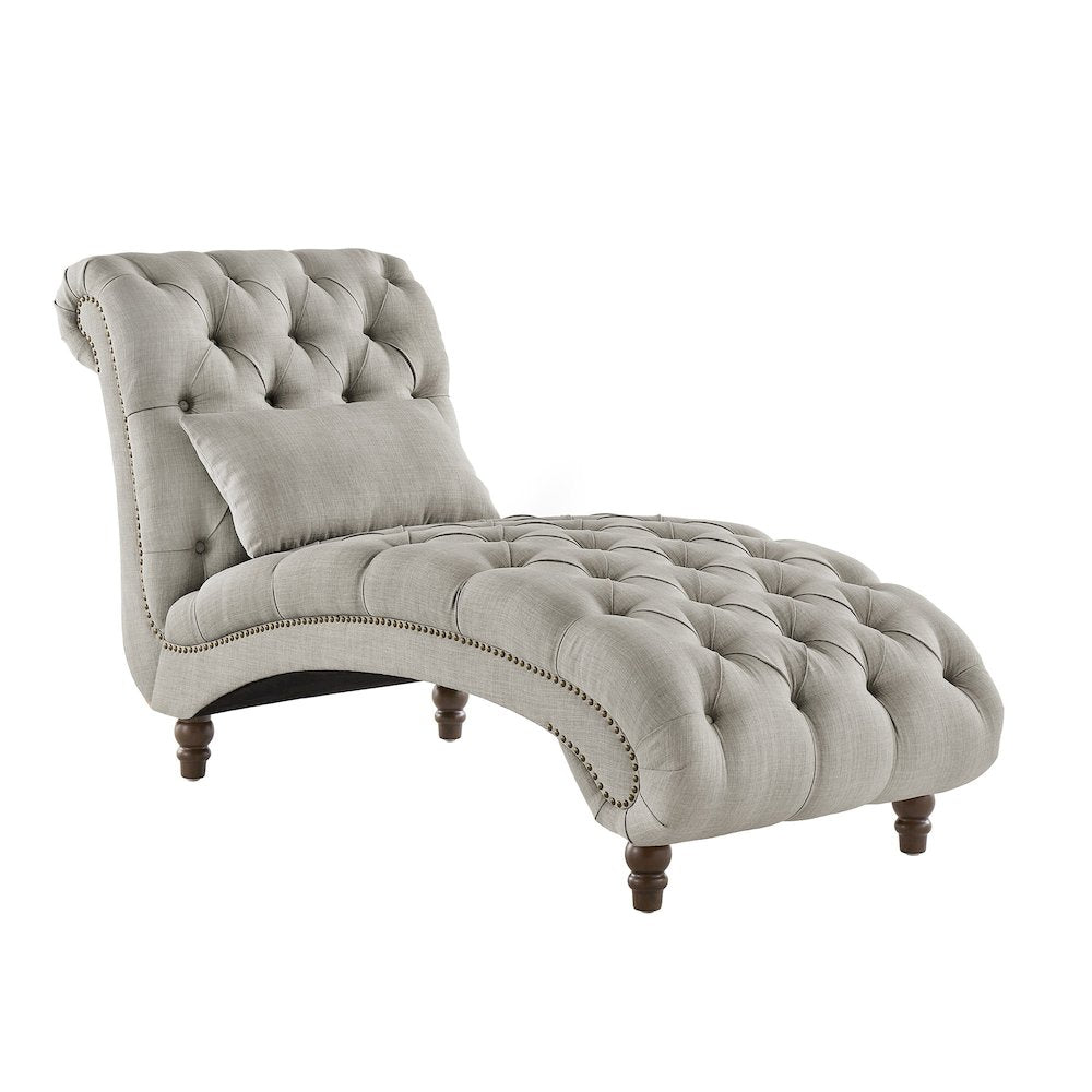 Espresso Finish Grey Linen Tufted Lounger Chair With Pillow