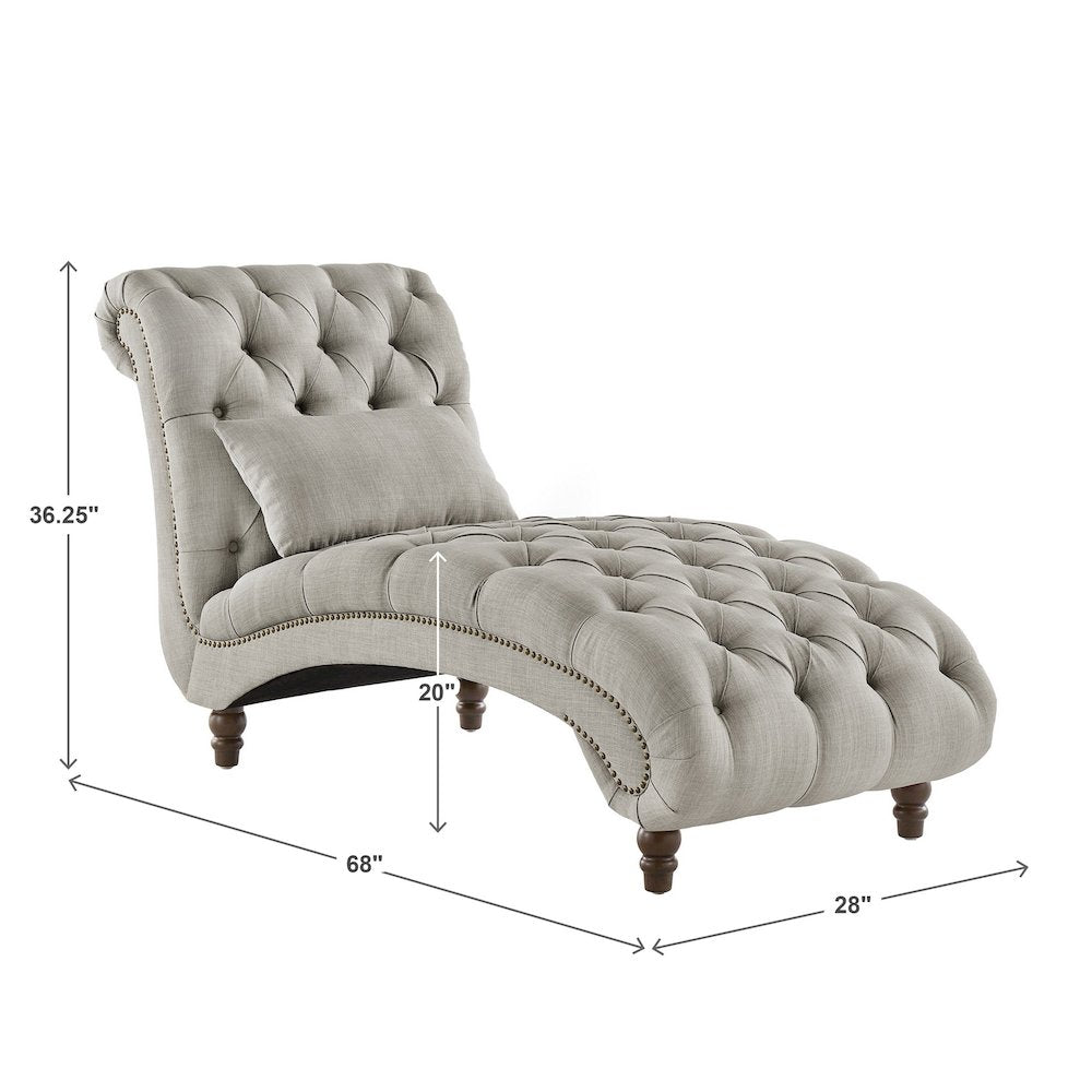 Espresso Finish Grey Linen Tufted Lounger Chair With Pillow