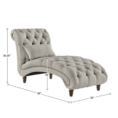 Espresso Finish Grey Linen Tufted Lounger Chair With Pillow