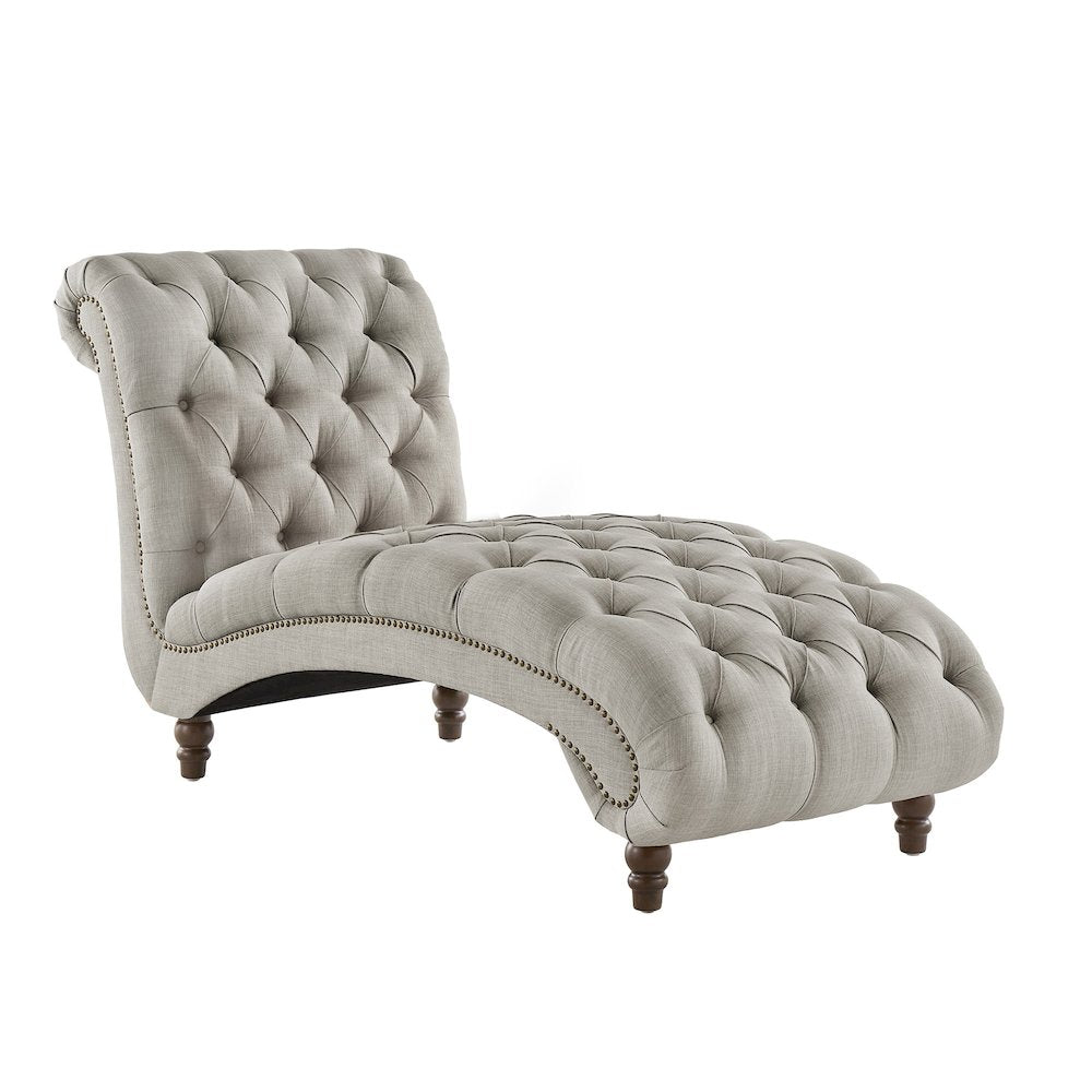Espresso Finish Grey Linen Tufted Lounger Chair With Pillow