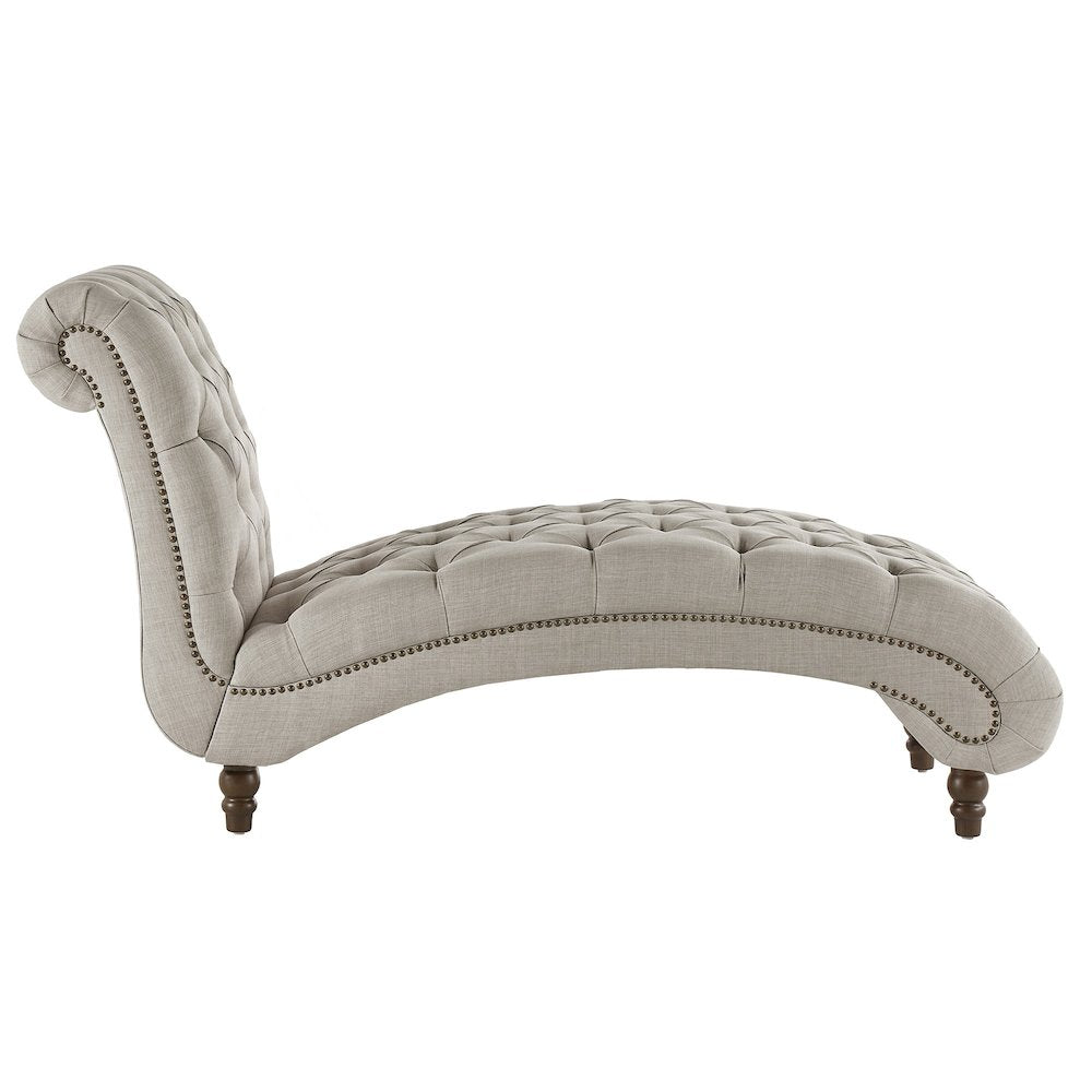 Espresso Finish Grey Linen Tufted Lounger Chair With Pillow