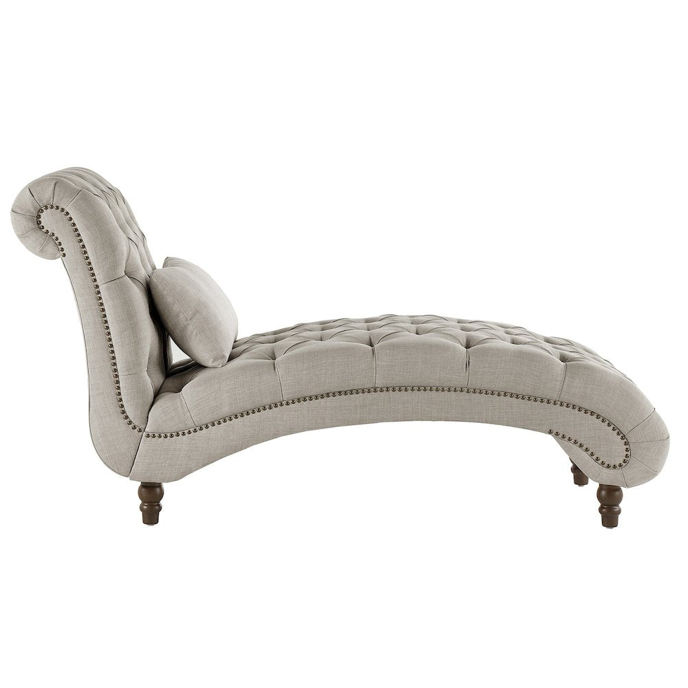 Espresso Finish Grey Linen Tufted Lounger Chair With Pillow