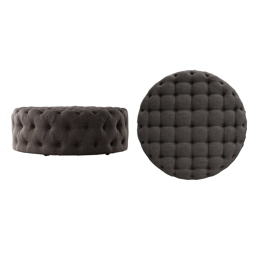 Dark Grey Linen Round Tufted Ottoman
