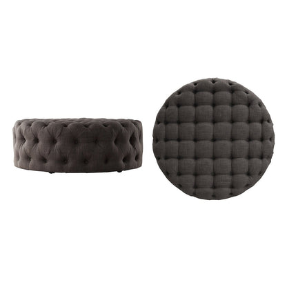 Dark Grey Linen Round Tufted Ottoman