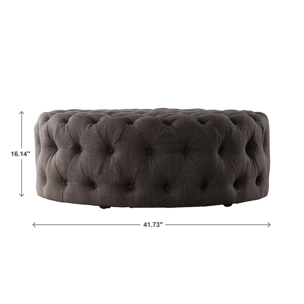 Dark Grey Linen Round Tufted Ottoman