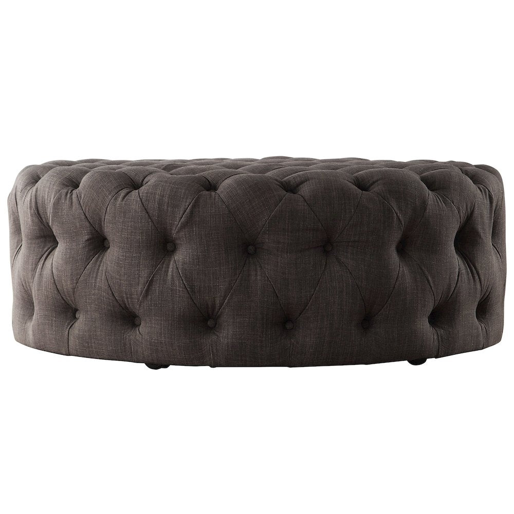 Dark Grey Linen Round Tufted Ottoman