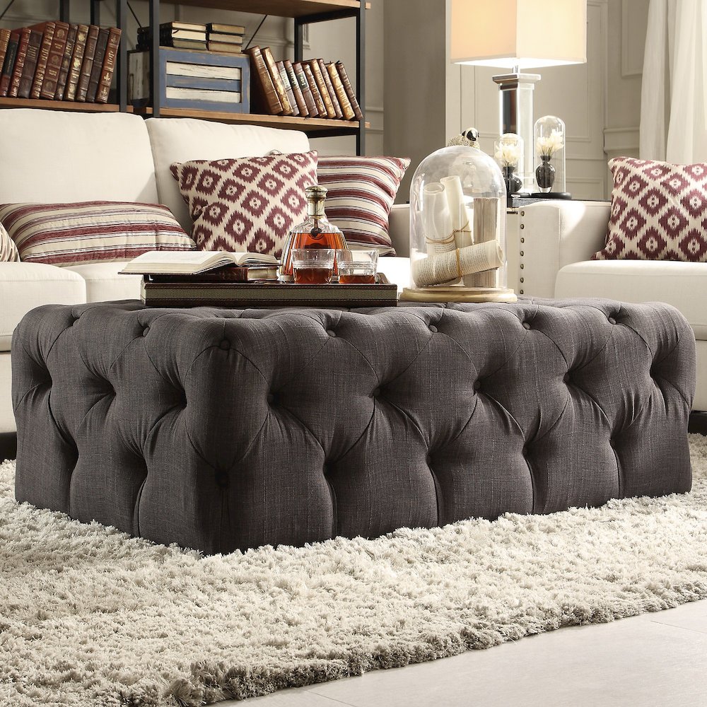 Dark Grey Linen Rectangular Tufted Ottoman