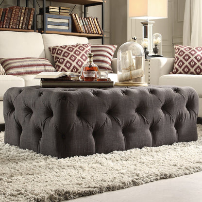 Dark Grey Linen Rectangular Tufted Ottoman