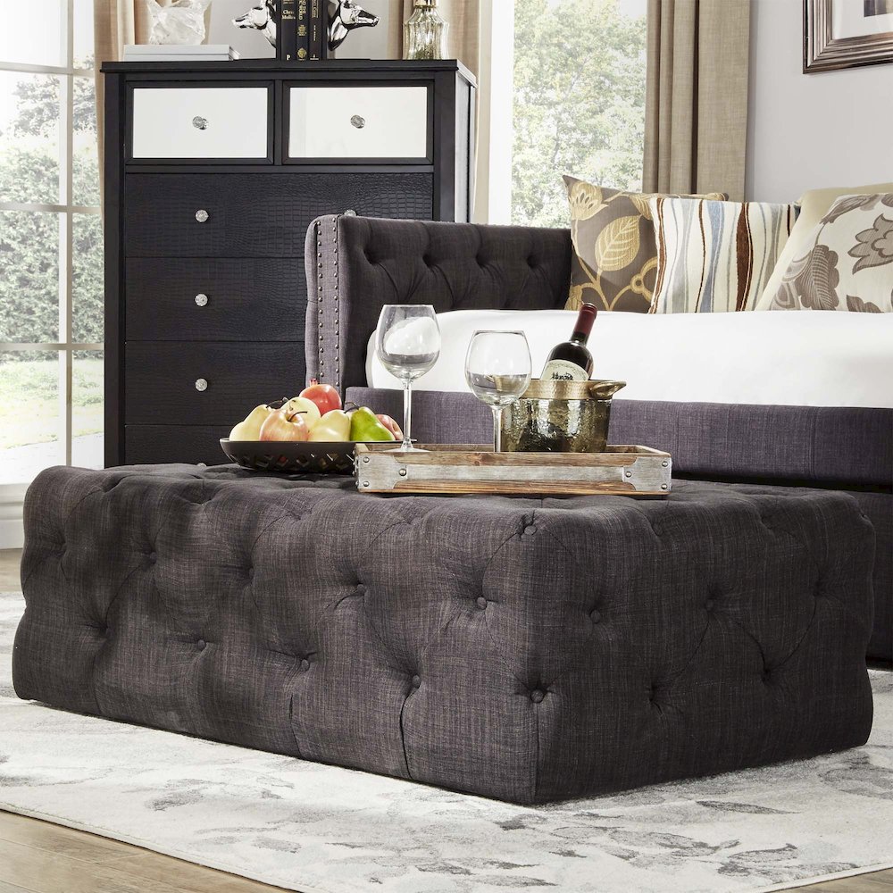 Dark Grey Linen Rectangular Tufted Ottoman